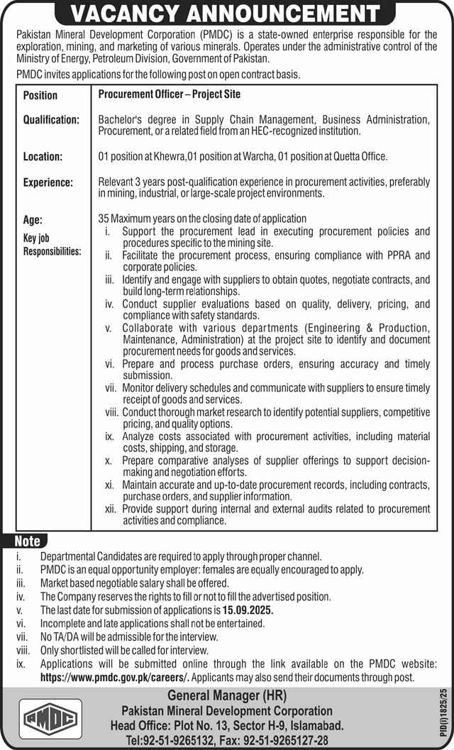Jobs in Pakistan Mineral Development Corporation Islamabad